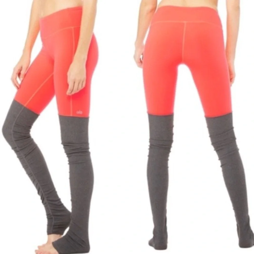 Alo Yoga Womens Goddess Ribbed Leggings Neon Orange Charcoal Grey Size XS